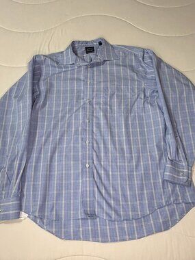 Eagle Shirtmakers Men's XL 17.5 Blue Plaid Non-Iron Cotton Shirt